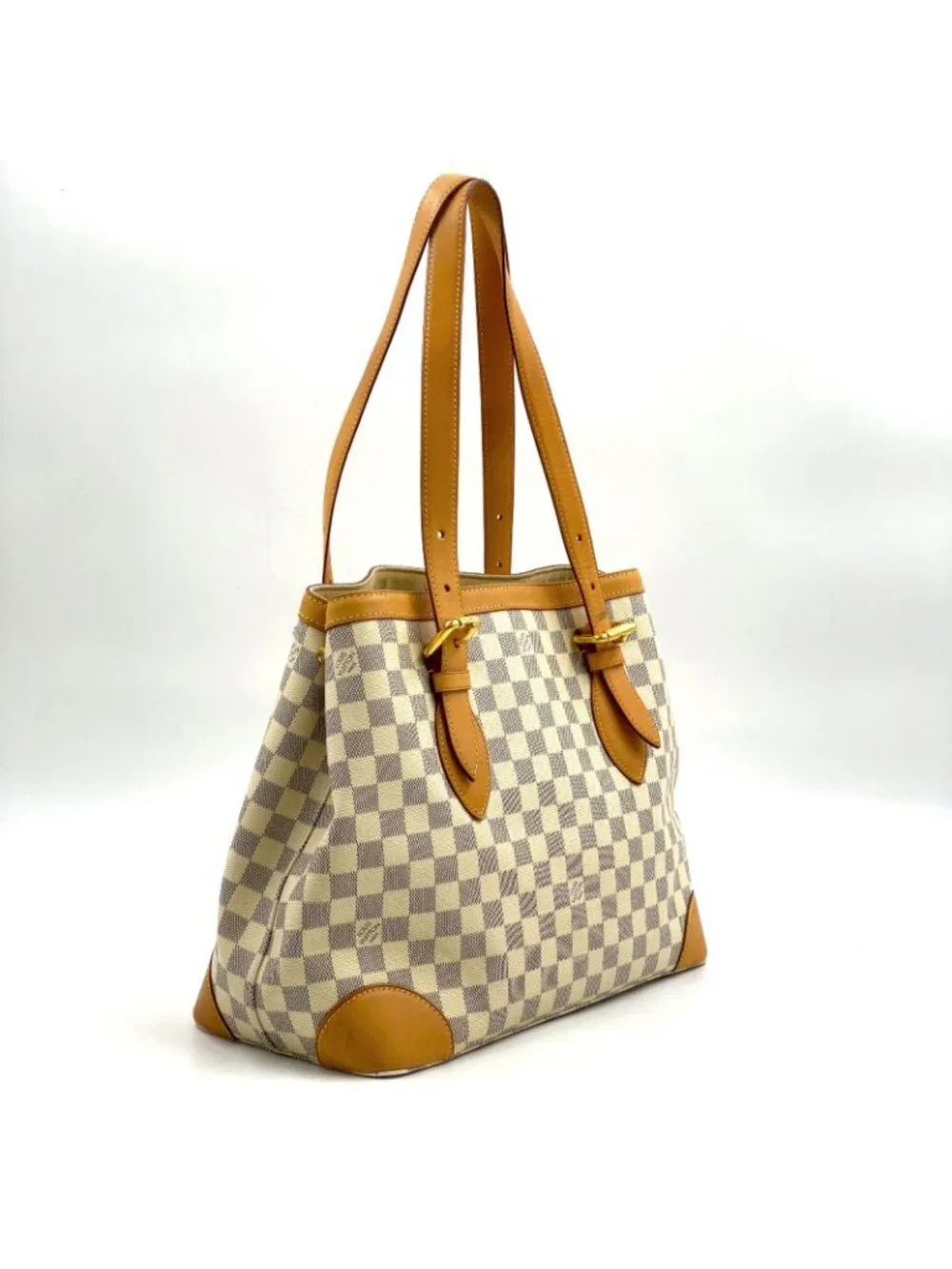 Louis Vuitton Hampstead MM Damier Azur Leather White Light Brown Tote Gold